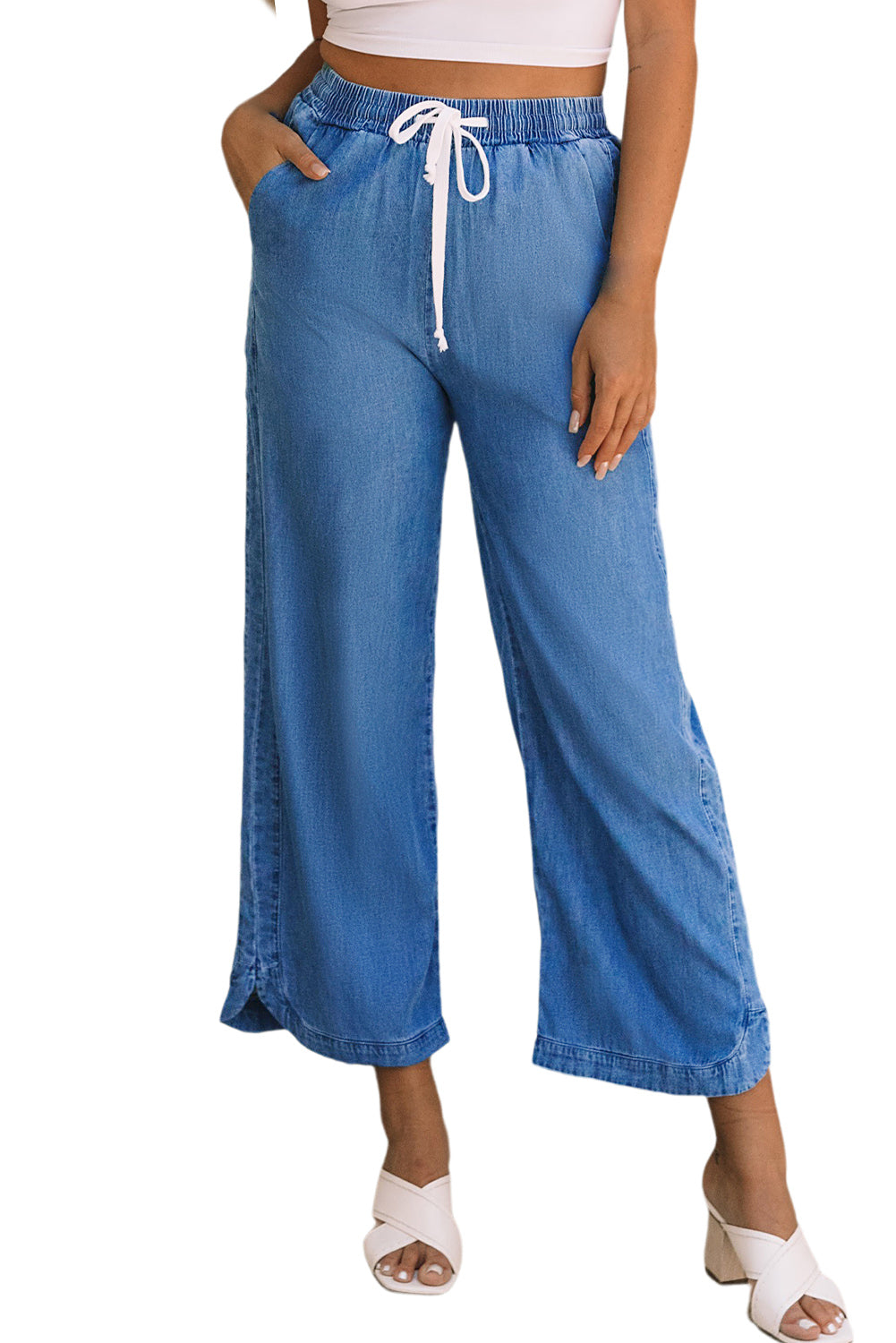 Sky Blue Wide Leg Drawstring Waist Loose Pants