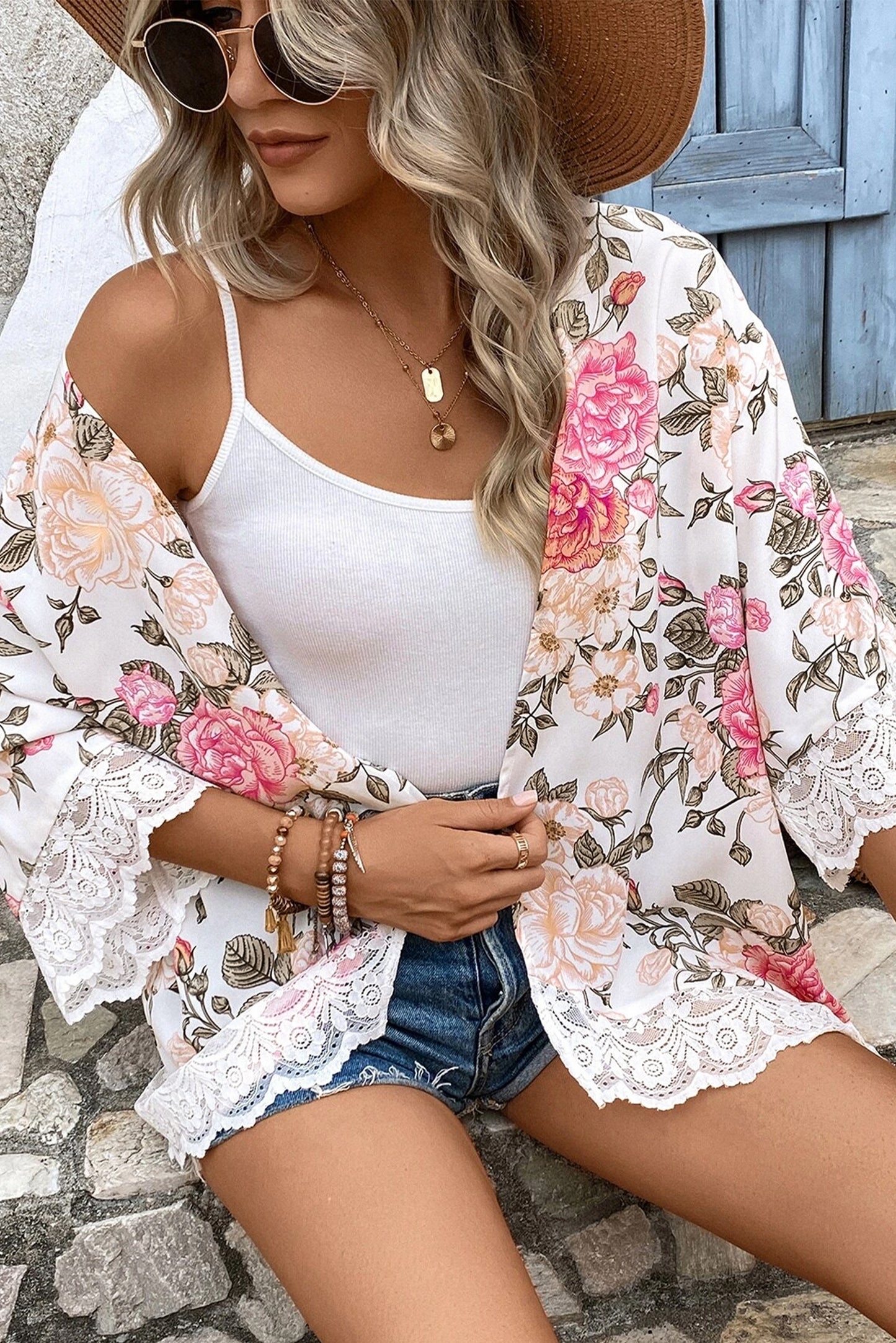 White Floral Print Lace Trim Open Front Kimono