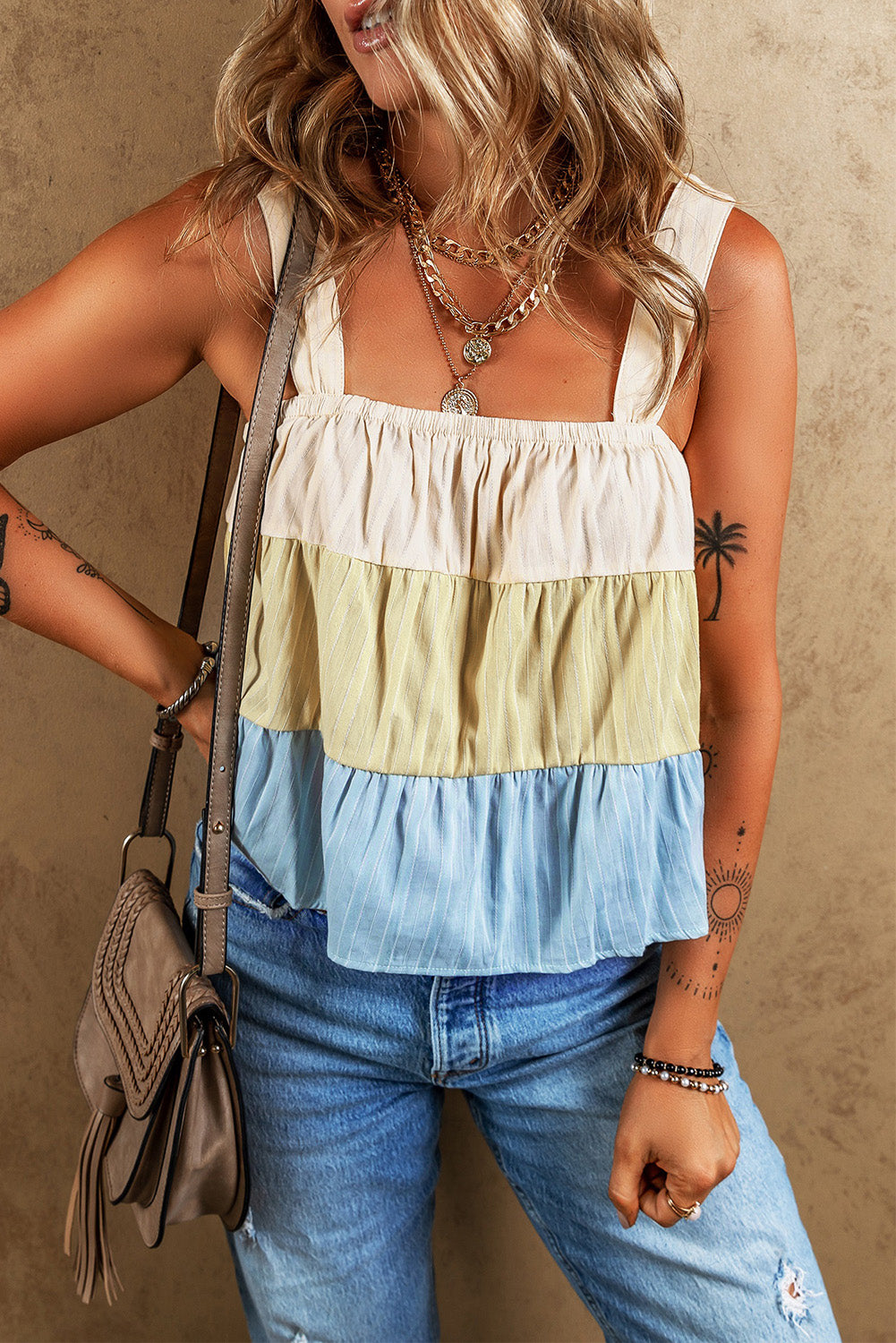 Apricot Stripe Color Block Tiered Wide Strap Tank Top