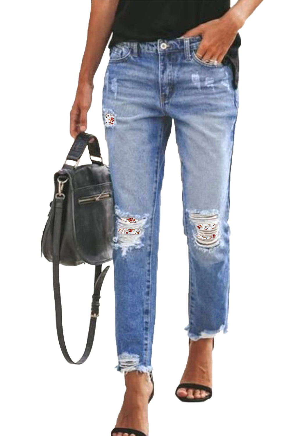 White Floral Patchwork Hollow Out Frayed Hem Ripped Jeans