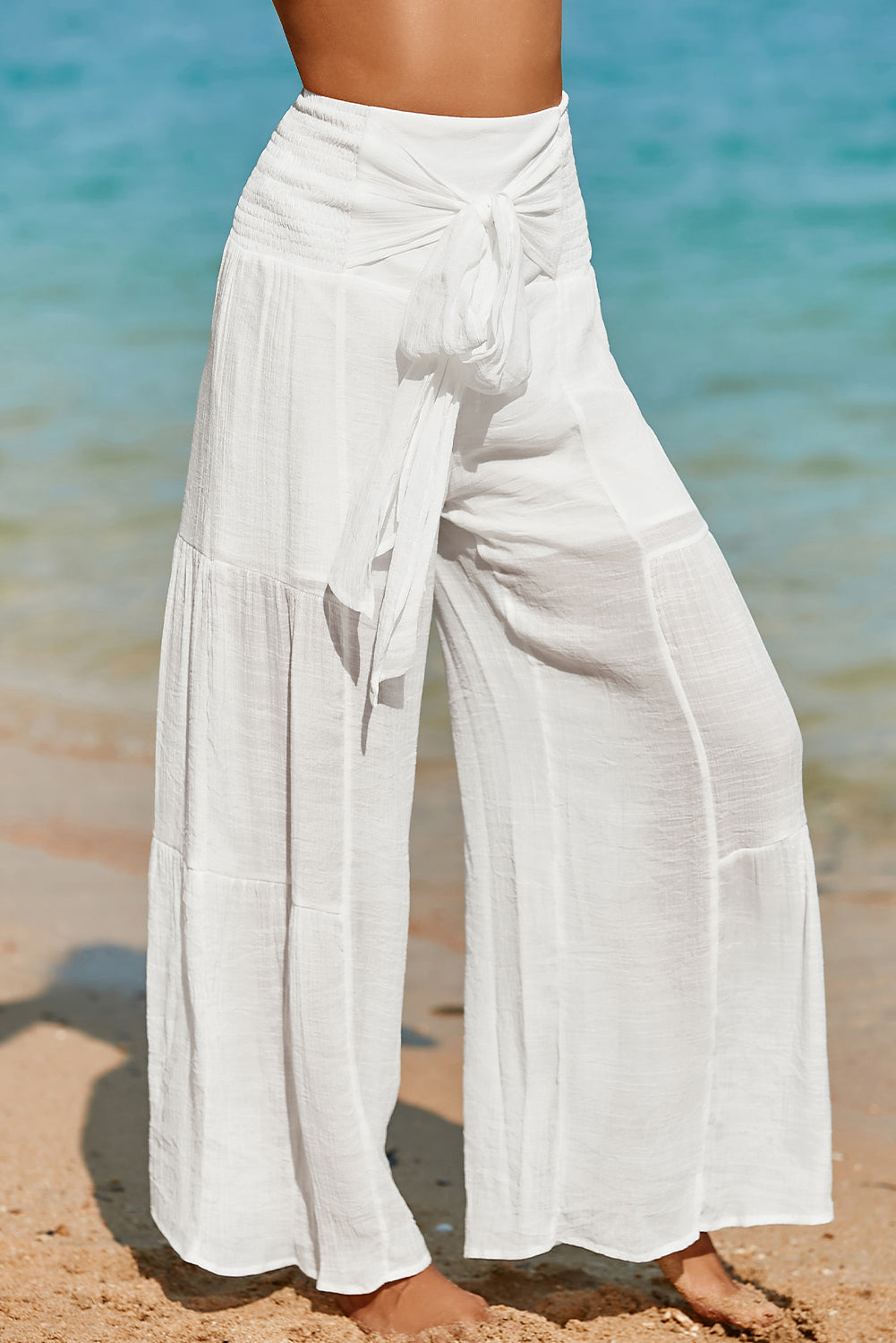 White Smocked High Waist Bohemian Wide Leg Pants