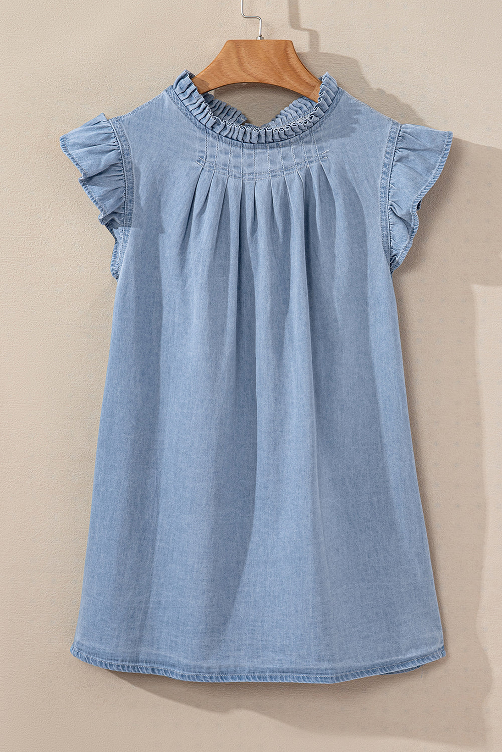 Beau Blue Frilly Pleated Button Back Retro Chambray Top