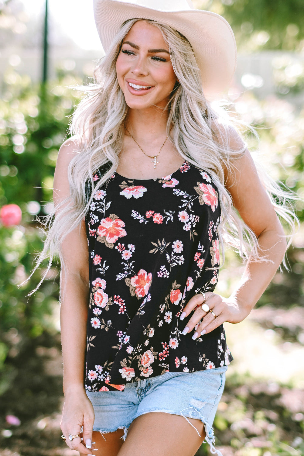 Black Floral Spaghetti Straps Strappy Back Tank Top