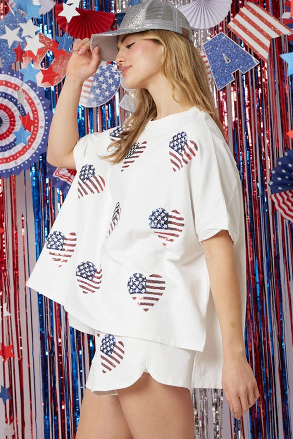 White American Flag Sequin Graphic Loose Top and Short Set