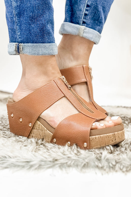 Camel Hollow Out Zipped Studded Wedge Slippers