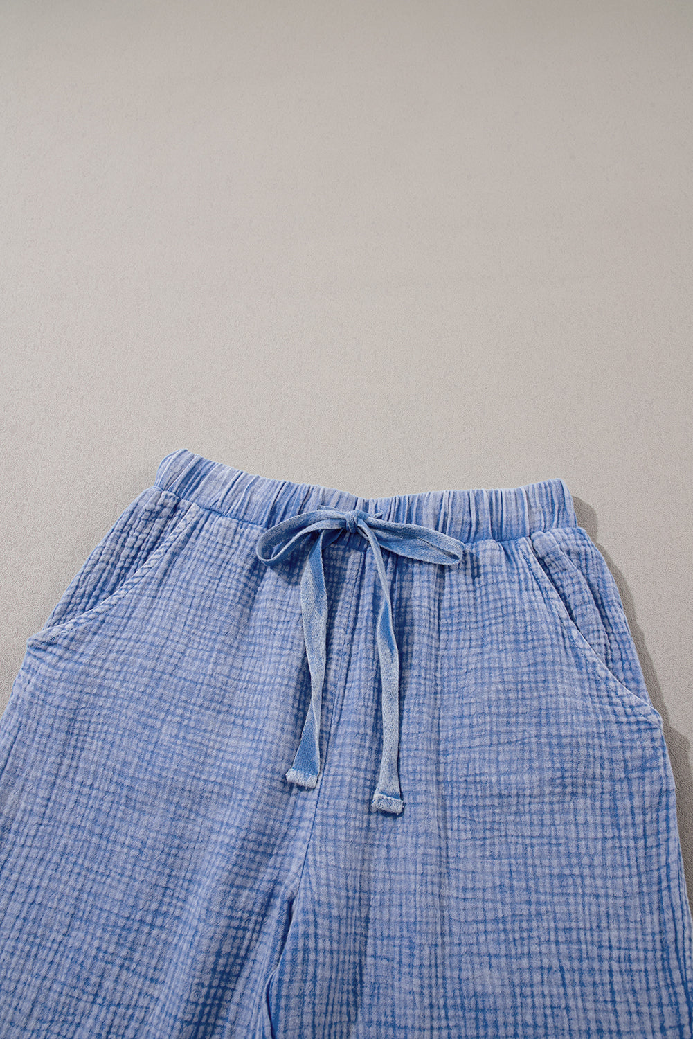 Sky Blue Washed Textured Drawstring Waist Straight Leg Pants