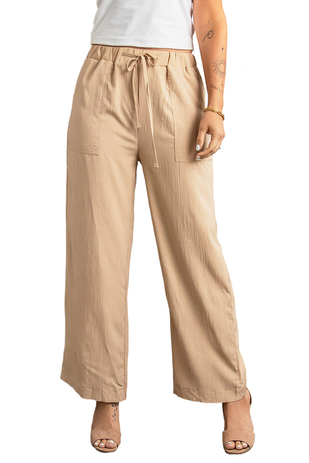 Khaki Drawstring Waist Crinkled Wide Leg Pants