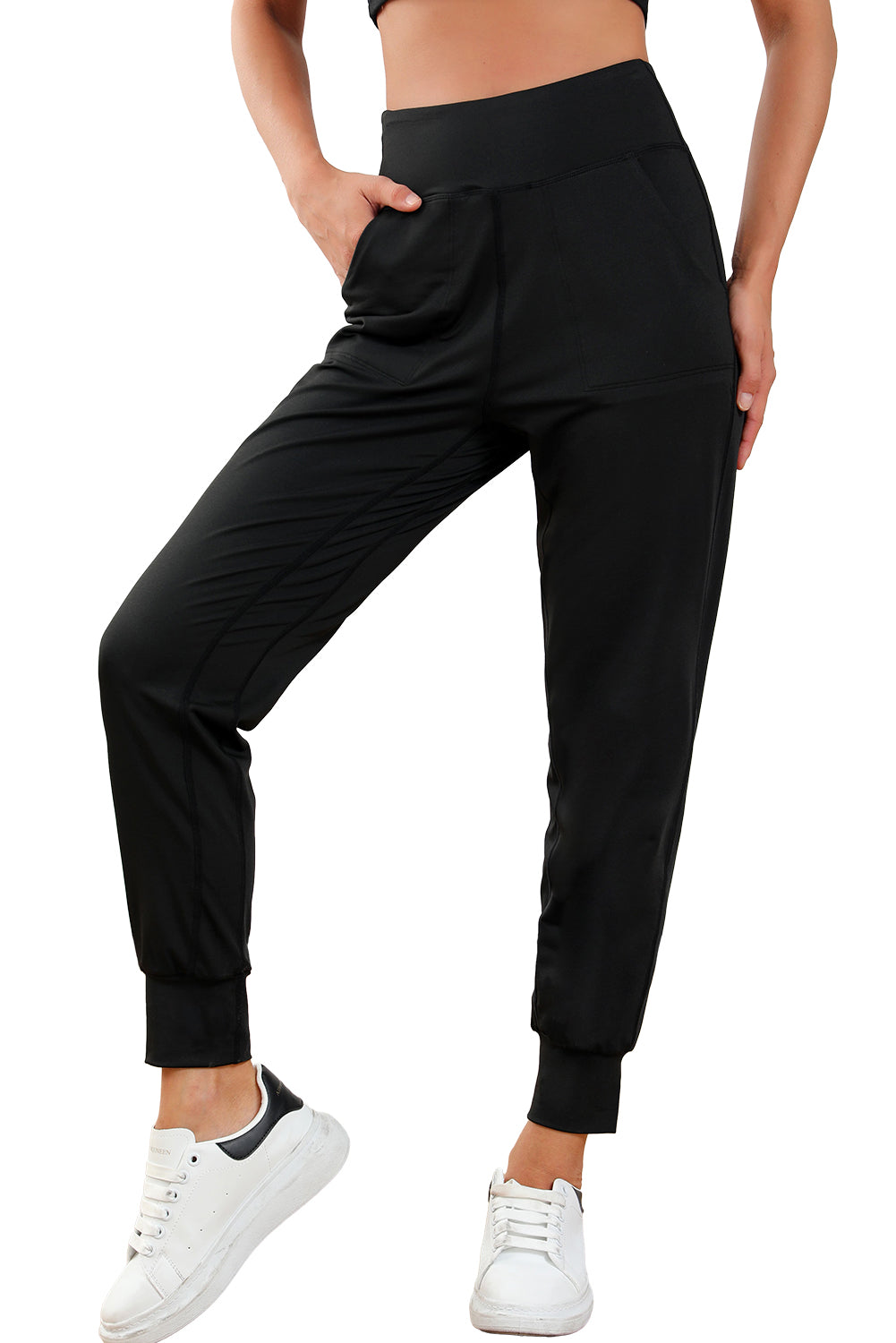 Black Exposed Seam High Waist Pocketed Joggers