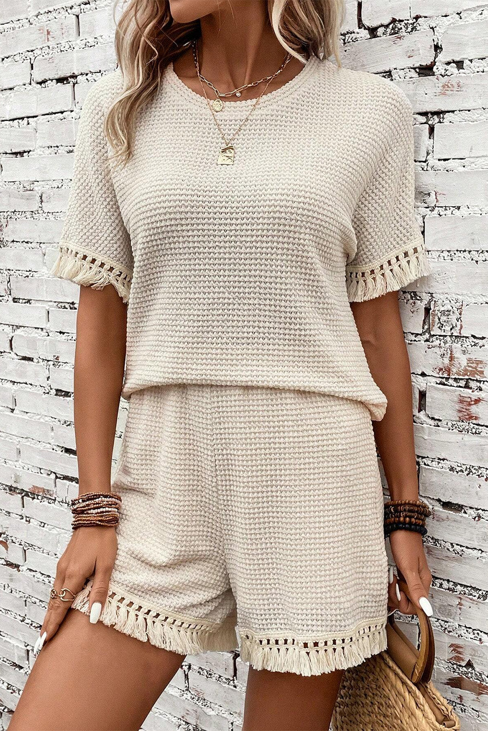 Beige Fringe Trim Textured Short Two Piece Set