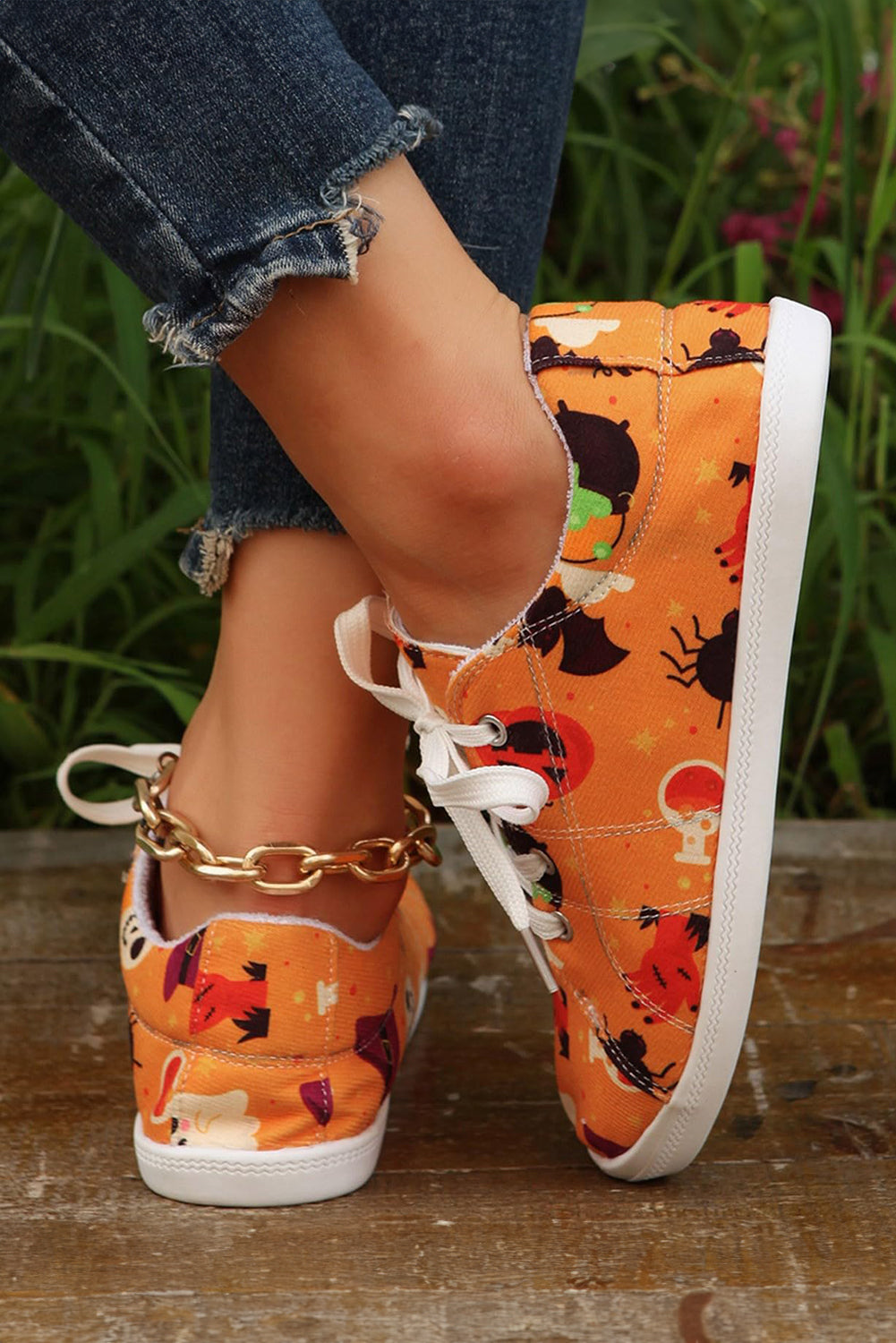 Orange Halloween Pumpkin Ghost Print Lace-up Flat Shoes