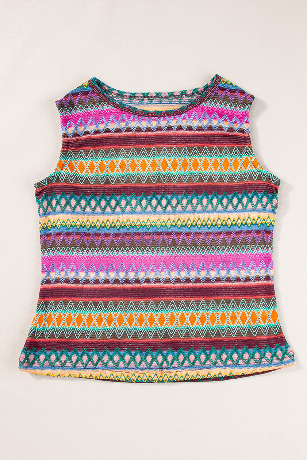 Purple Ethnic Wavy Pattern Round Neck Sleeveless Top