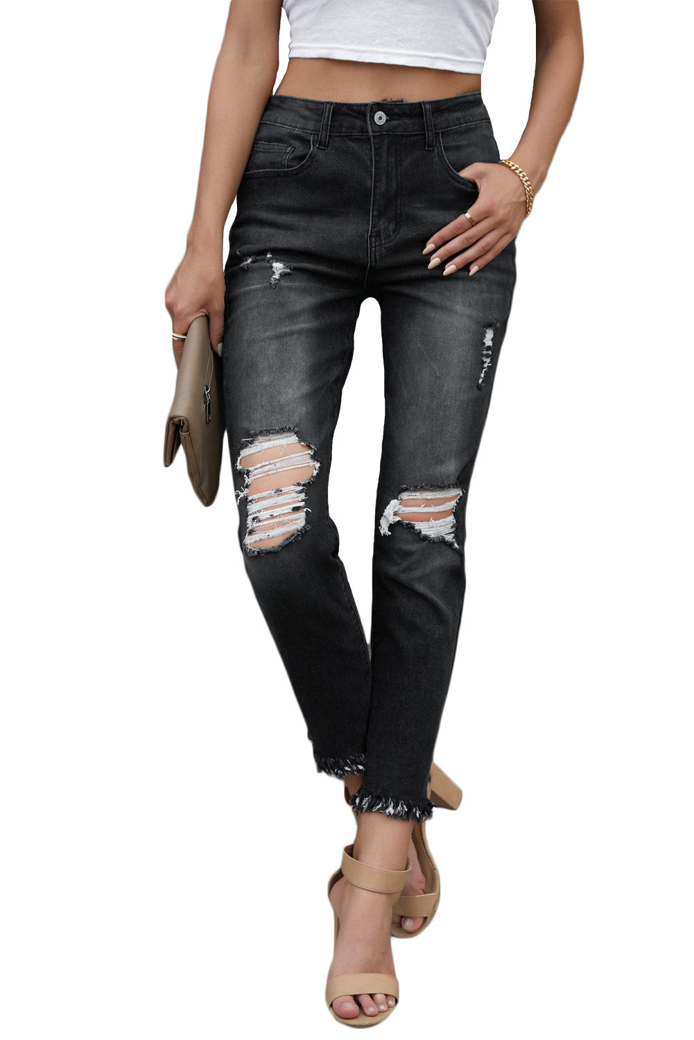 Black Distressed Raw Hem Button Mid Waist Jeans