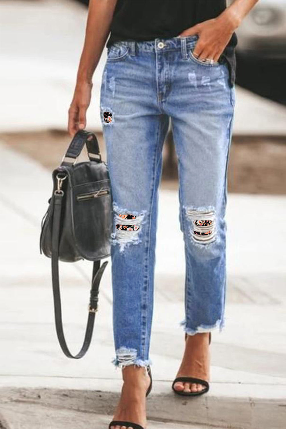 Black Floral Patchwork Hollow Out Frayed Hem Ripped Jeans