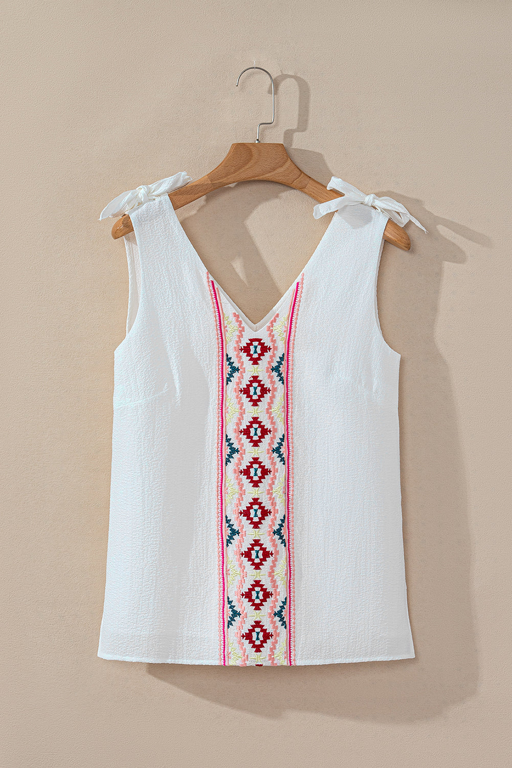 White Floral Embroidered Knot Straps Textured Tank Top