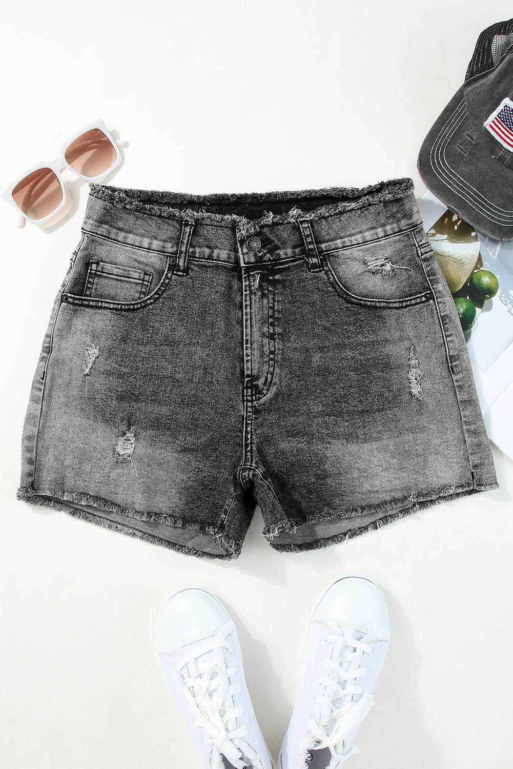 Gray Acid Wash Raw Edge Skinny Denim Shorts