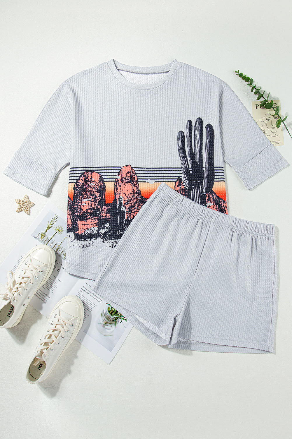 Gray Western Pattern Print Waffle Knit Two Piece Shorts Set