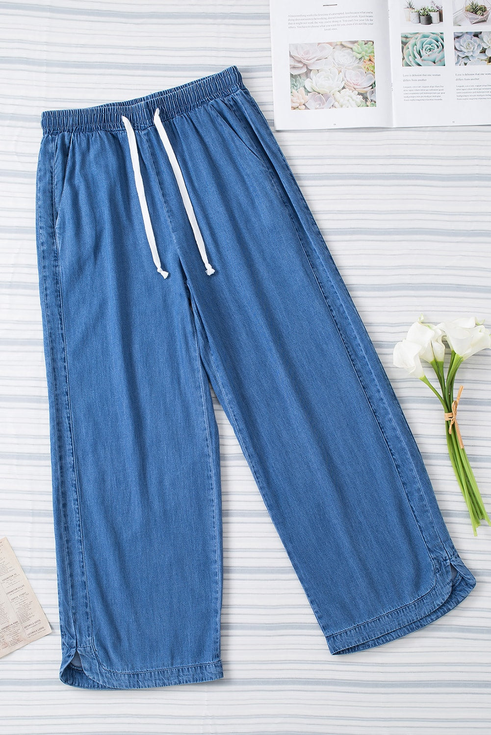 Sky Blue Wide Leg Drawstring Waist Loose Pants