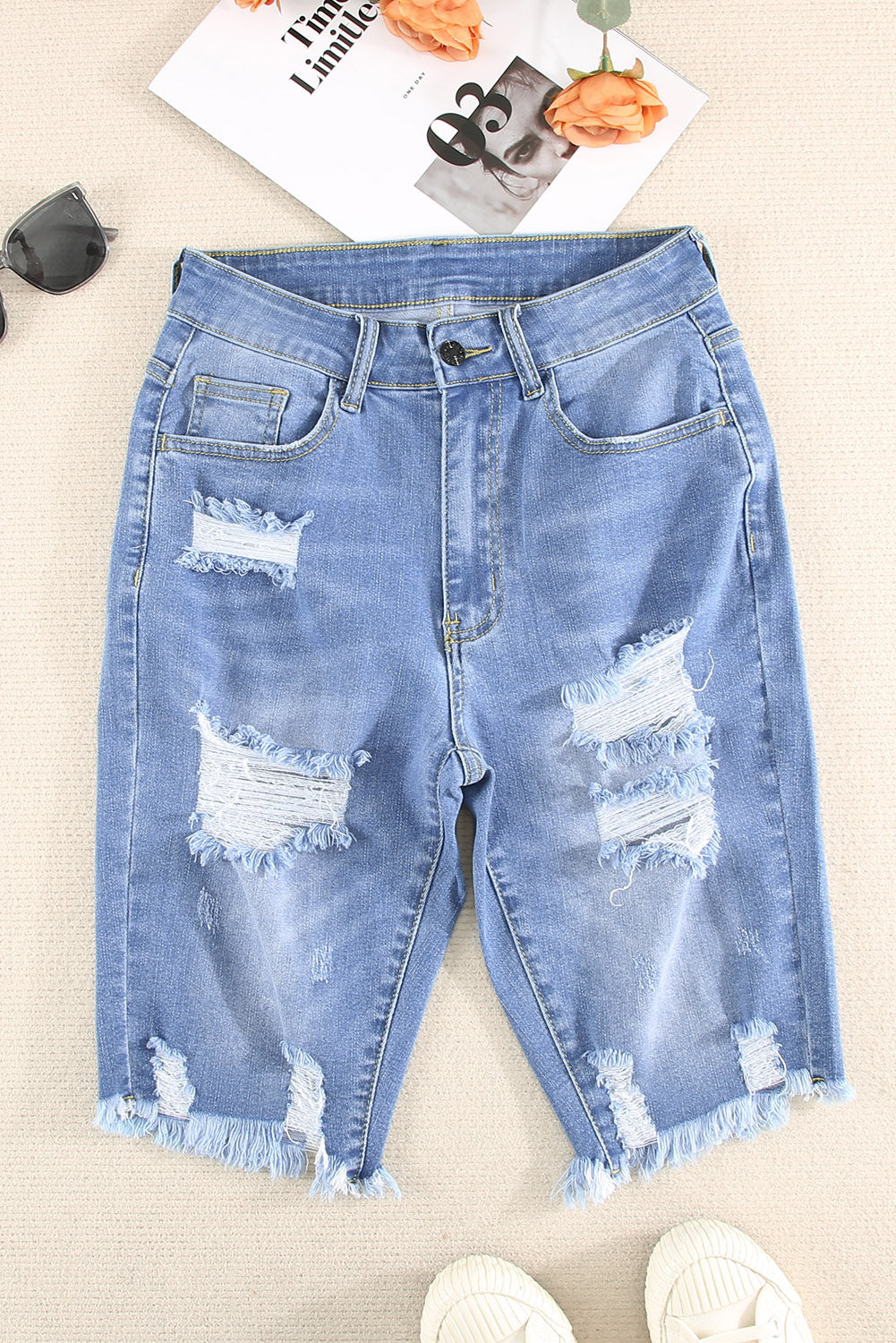 Sky Blue Ripped Tassel Bermuda Denim Shorts