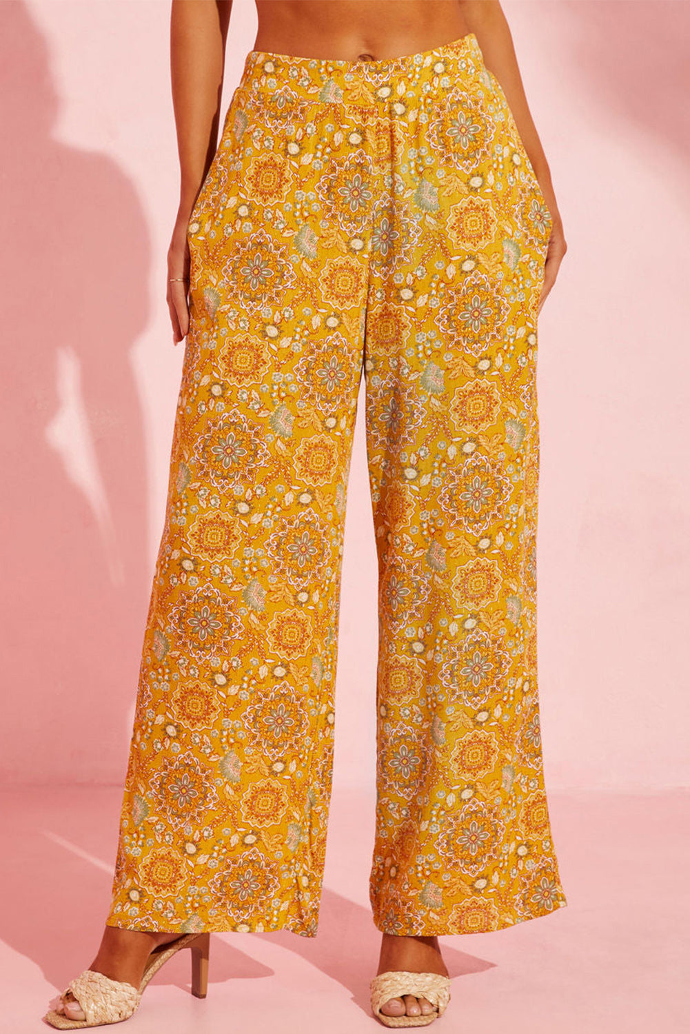 Yellow Bohemian Floral Print Pocketed Wide Leg Pants