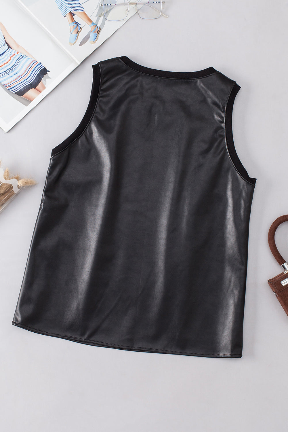 Black Faux Leather Crew Neck Tank Top