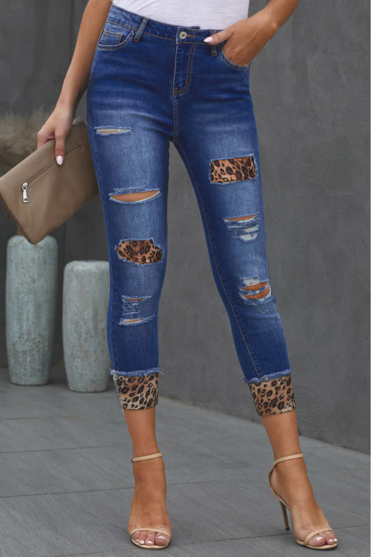 Distressed Leopard Patches Blue Skinny Jeans