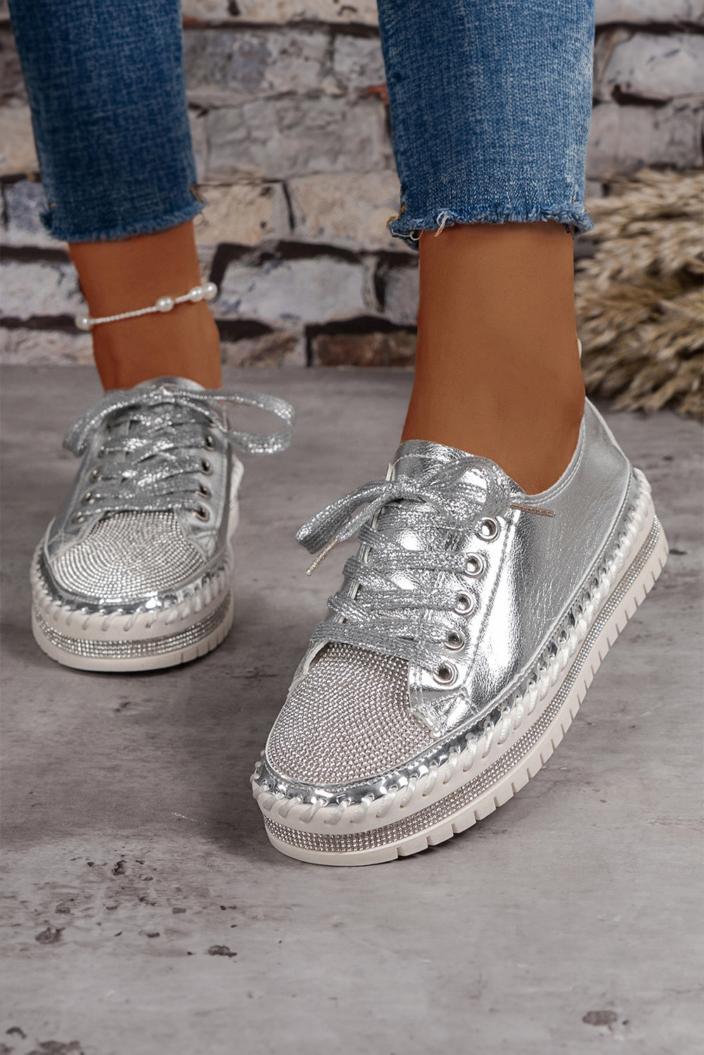 Silvery Rhinestone Metallic Sheen Lace-up Flat Shoes