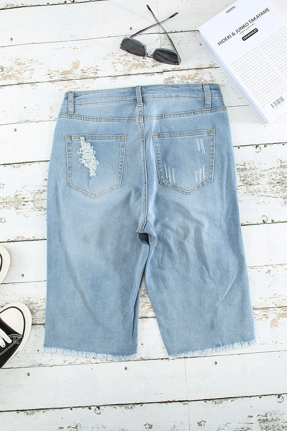 Light Blue Distressed Denim Bermuda Shorts