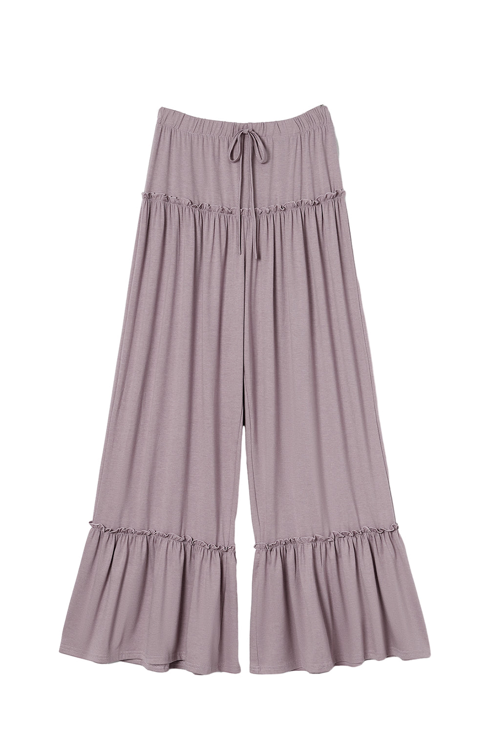 Khaki Frilled Drawstring High Waist Wide Leg Pants