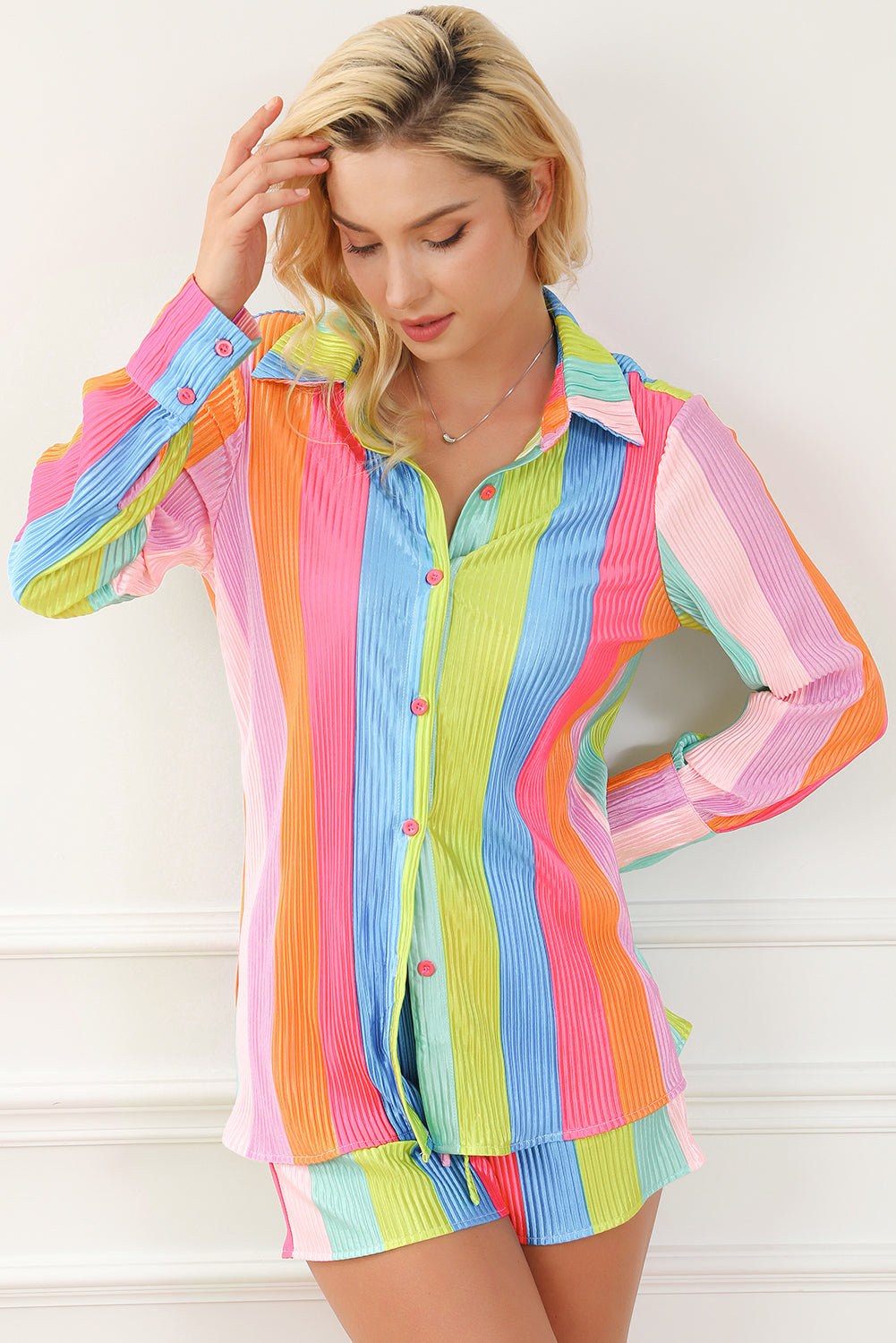 Multicolor Rainbow Stripe Crinckle Shirt and Shorts Outfit