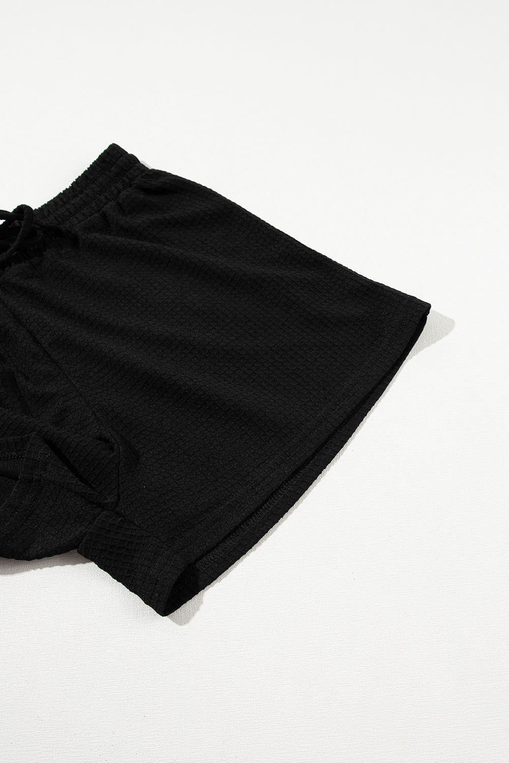 Black Casual Textured Tee and Drawstring Shorts Set