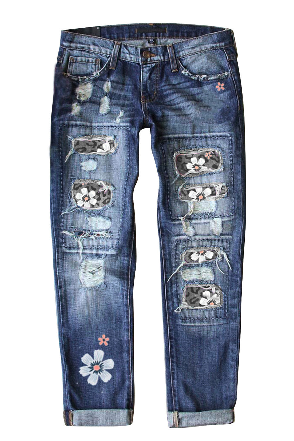 Gray Floral Leopard Print Patchwork Distressed High Waist Jeans