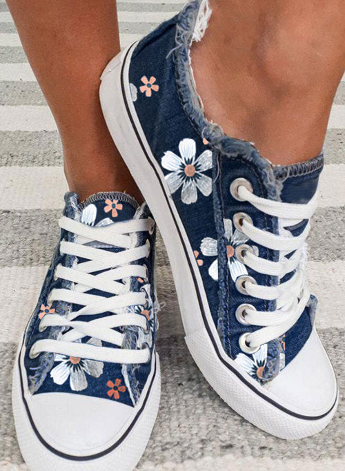 Blue Floral Print Lace-up Canvas Sneakers