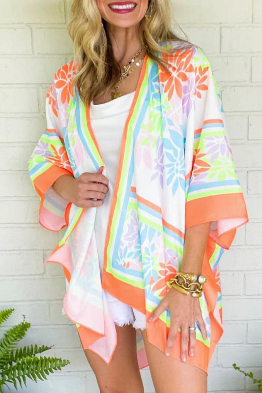 Orange Boho Floral 3/4 Sleeve Split Open Front Kimono