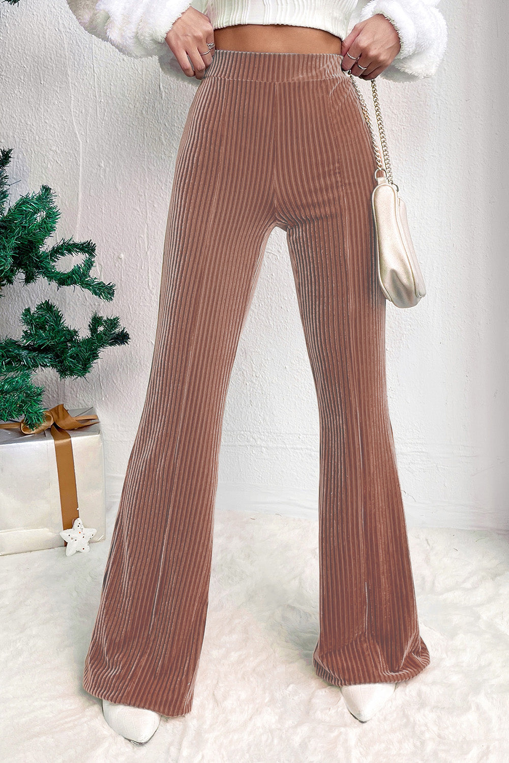 Dusty Pink Solid Color High Waist Flare Corduroy Pants