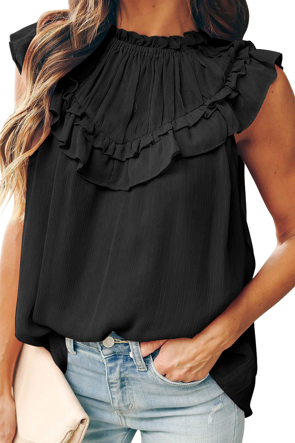 Black Frilled Detail Tulle Tank Top