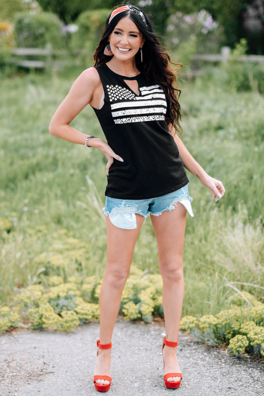 Black Cutout American Flag Print Tank Top