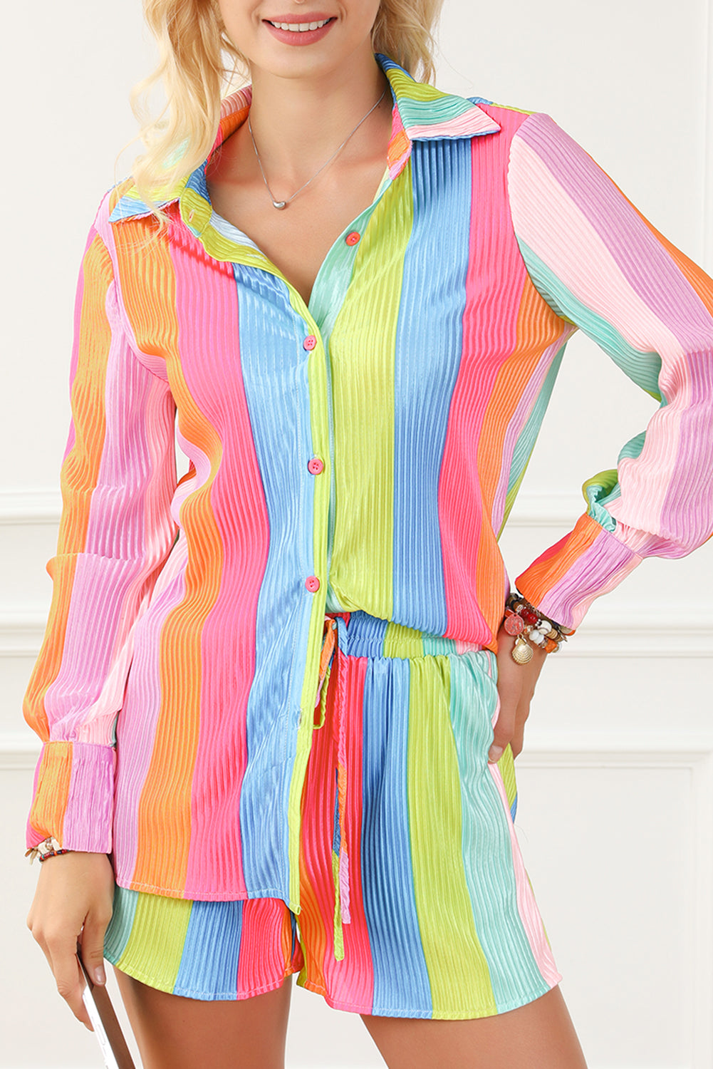 Multicolor Rainbow Stripe Crinckle Shirt and Shorts Outfit