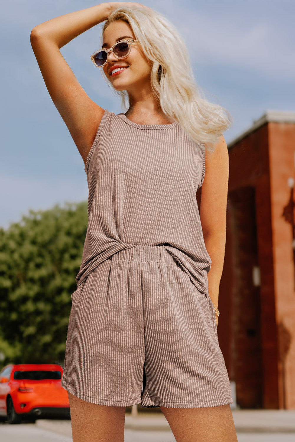 Smoke Gray Corded Sleeveless Top and Pocketed Shorts Set