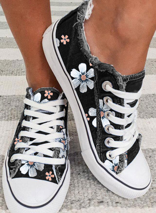 Black Floral Print Lace-up Canvas Sneakers