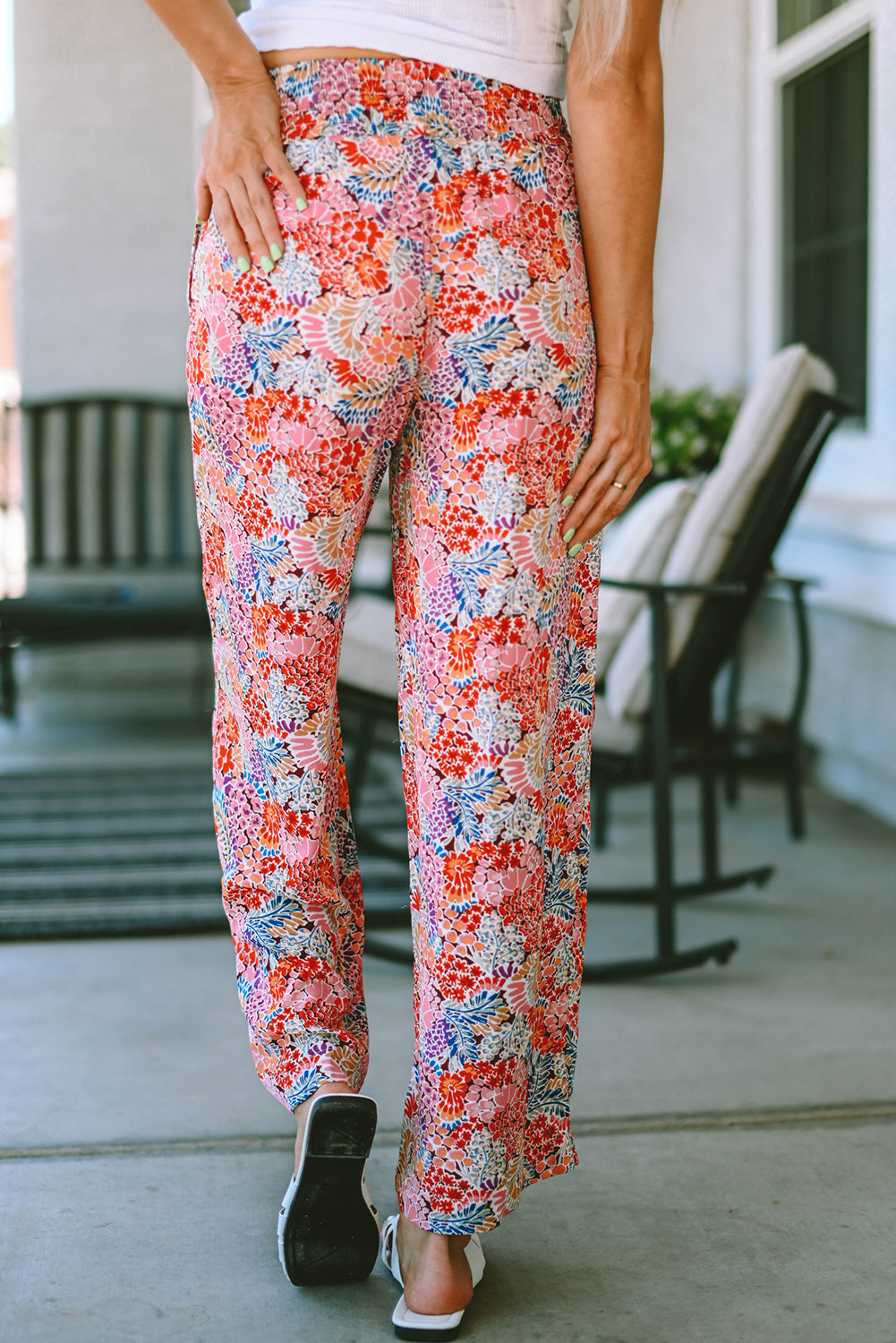 Fiery Red Gorgeous Print Drawstring Smocked High Waist Pants