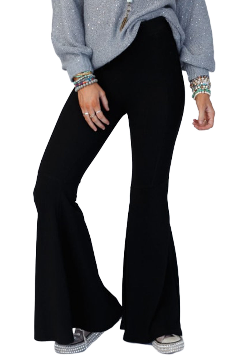 Black High Waist Ribbed Flare Pants