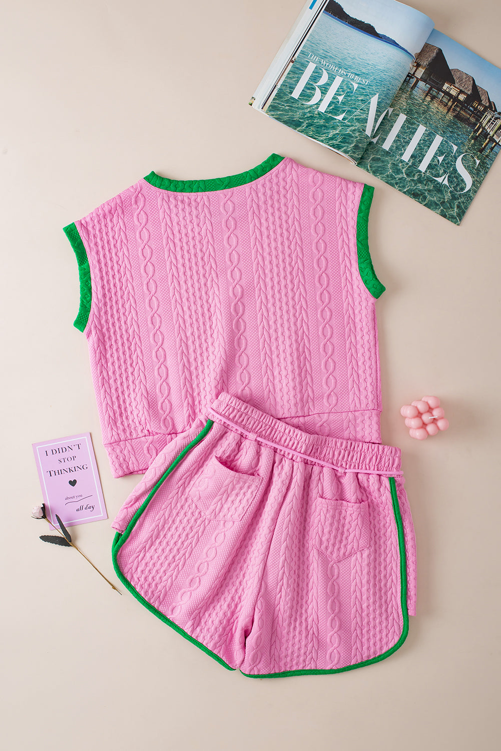 Pink Contrast Trim Cable Textured Shorts Set