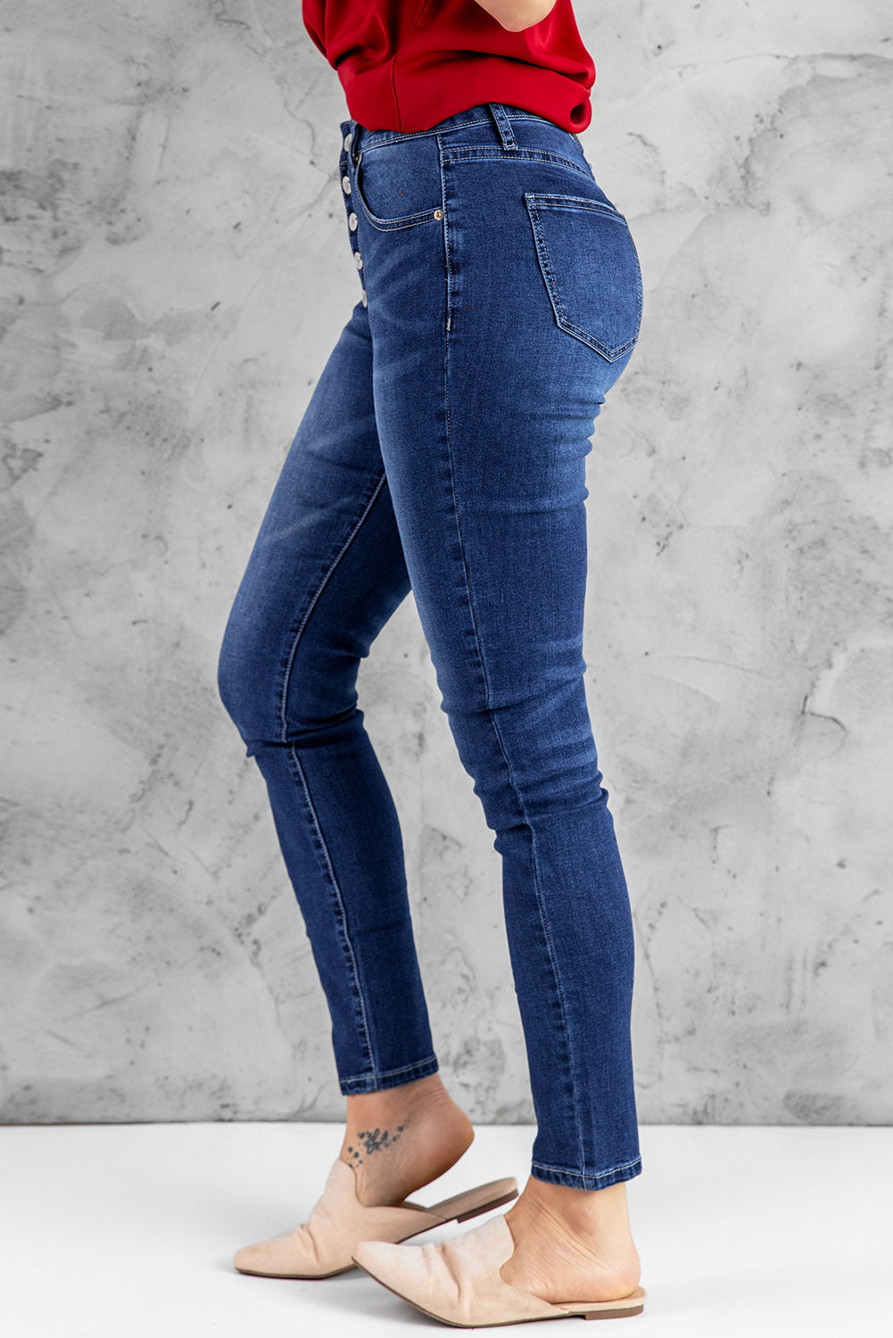 Blue High Rise Skinny Button Fly Jeans