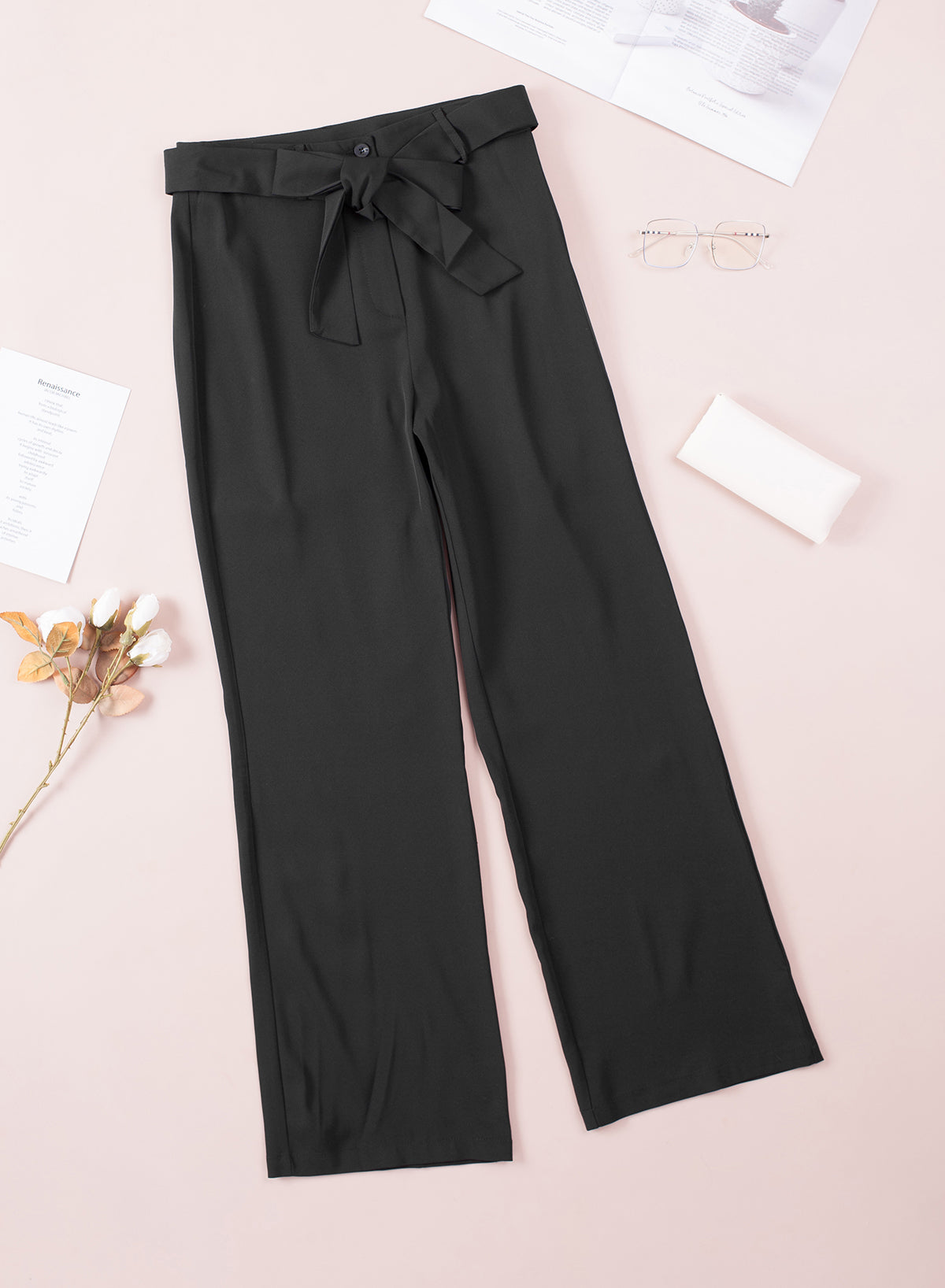 Black High Waist Front Tie Flared Pants