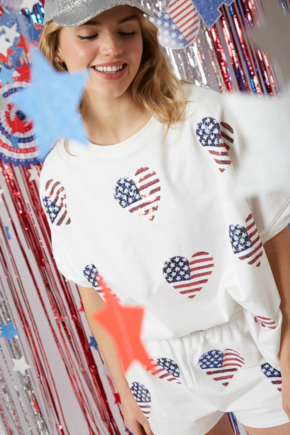 White American Flag Sequin Graphic Loose Top and Short Set