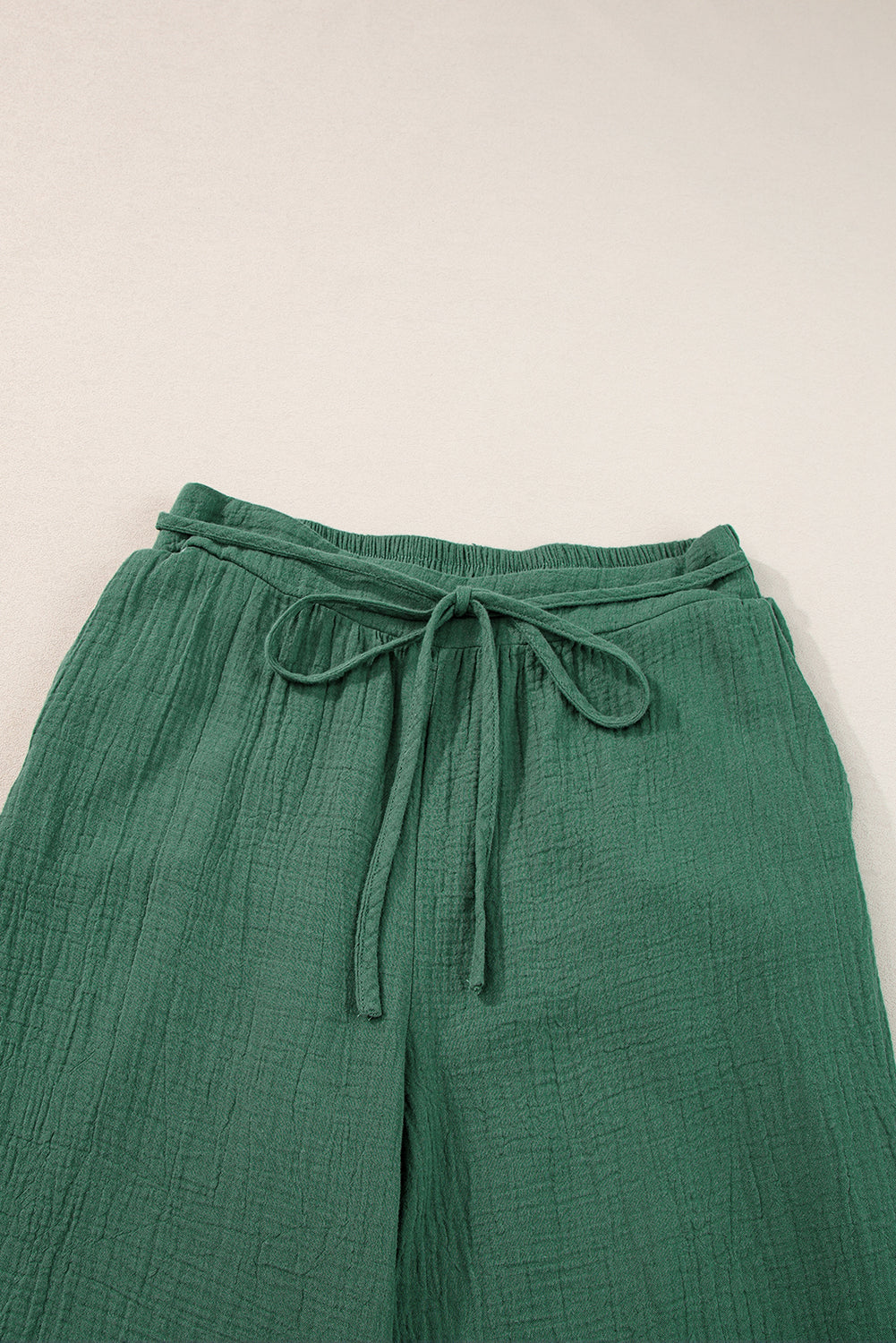 Mist Green Crinkle Textured Drawstring High Waist Wide Leg Pants