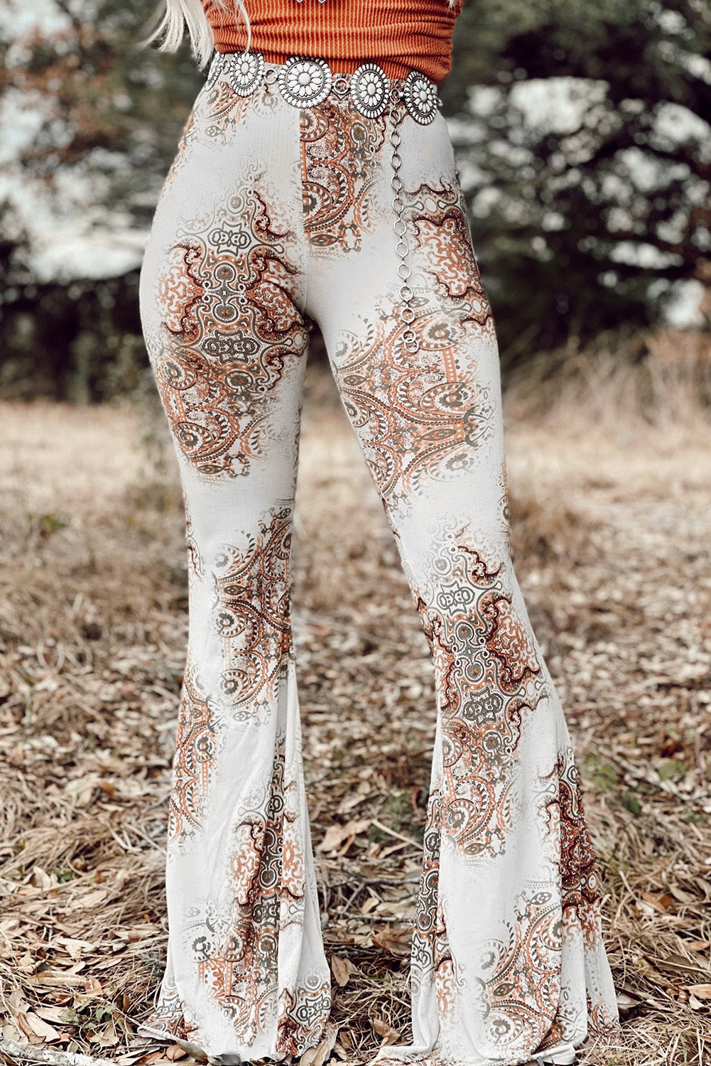 White Western Vintage Print High Waist Bell Pants