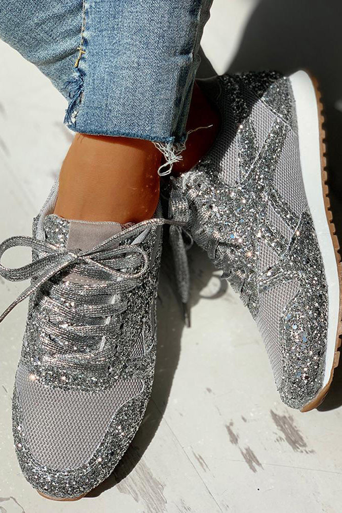 Grey Mesh Sequins Lace up Women Sports Sneakers