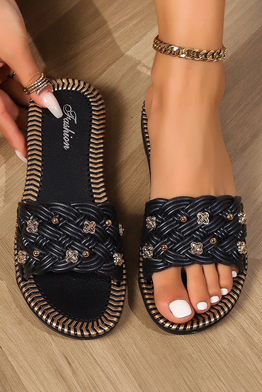 Black Metal Decor Braided Pattern PU Leather Slippers