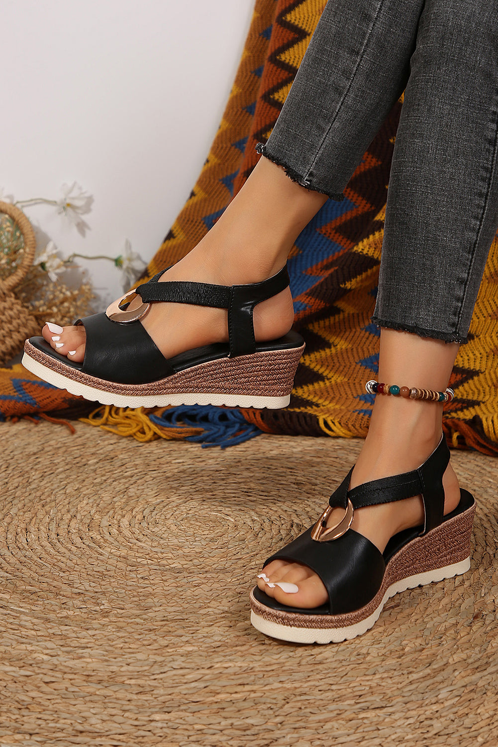 Color black Leather Crossed Strap Metal Decor Wedge Sandals